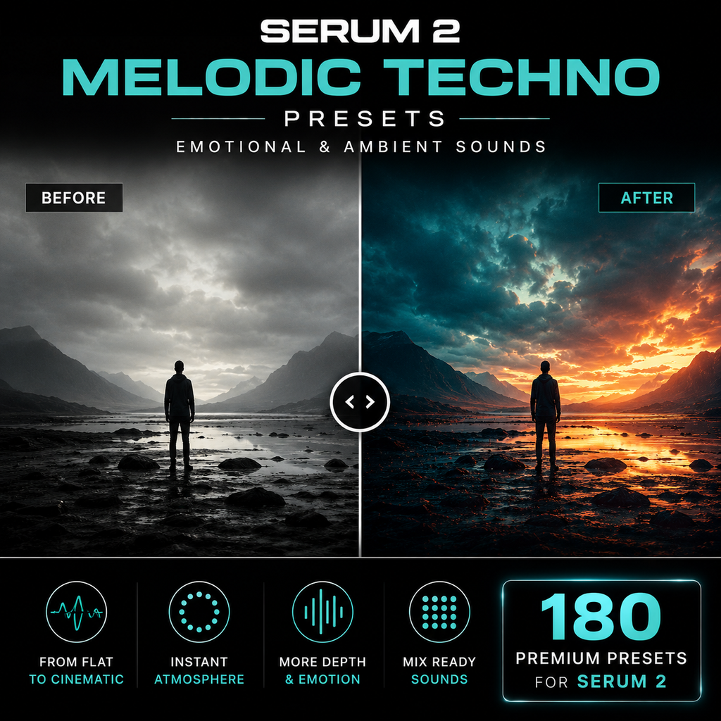 Promotional graphic for Serum 2 Melodic Techno Presets, showing a split-screen before/after comparison of a mountain landscape with a human figure. The left side is dark and flat, while the right side is dramatic and colorful with an orange sunset.