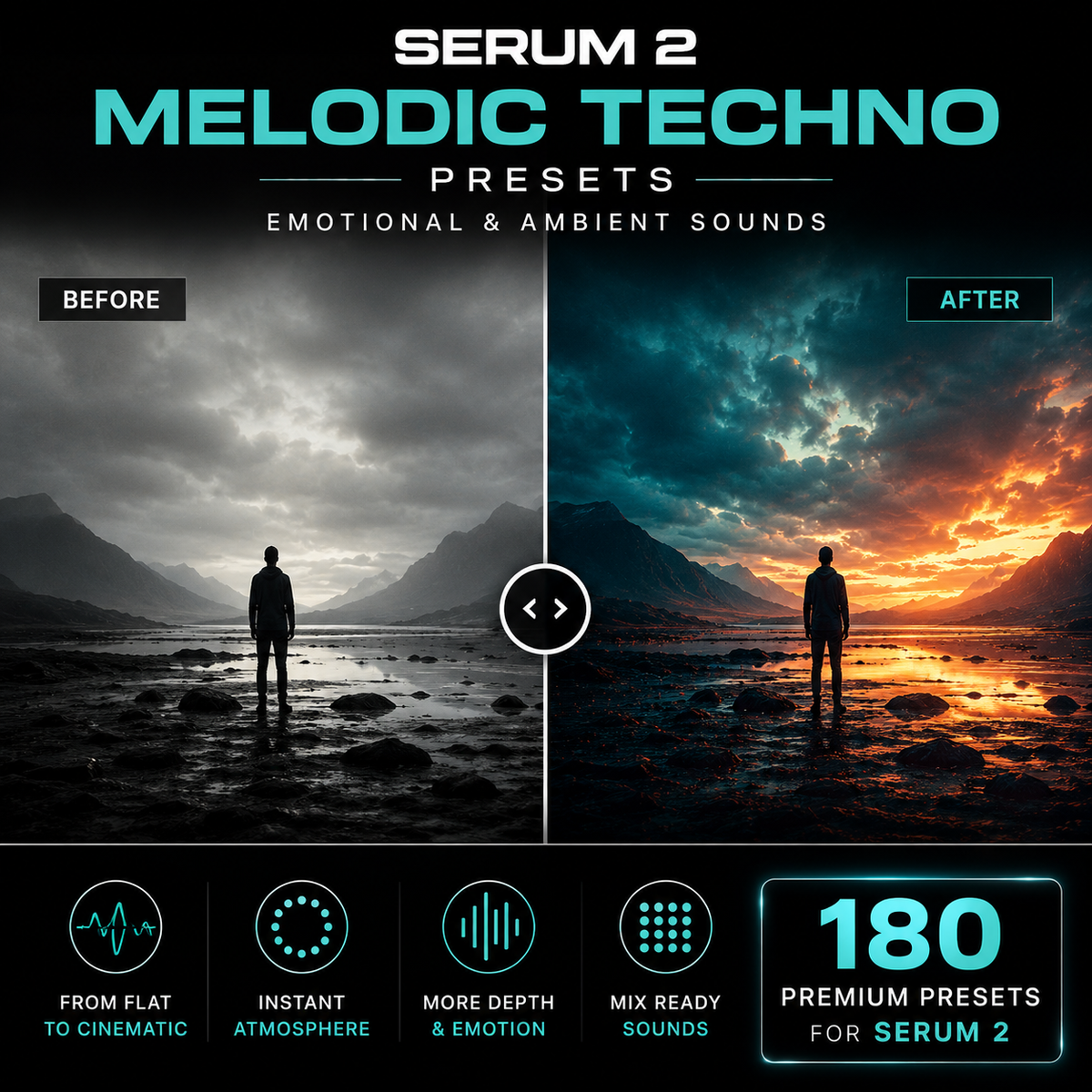 Promotional graphic for Serum 2 Melodic Techno Presets, showing a split-screen before/after comparison of a mountain landscape with a human figure. The left side is dark and flat, while the right side is dramatic and colorful with an orange sunset.