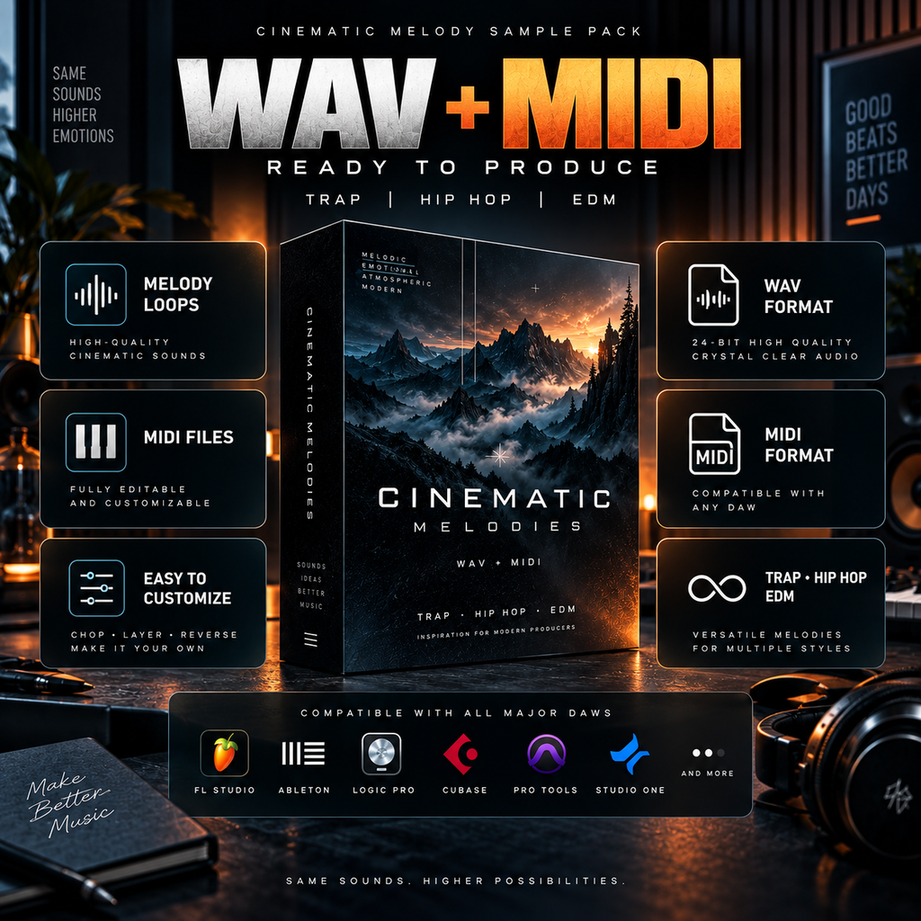 Promotional graphic for a WAV + MIDI cinematic melody sample pack, showing a central software-style box cover with a dark mountain scene, surrounded by feature callouts and compatibility logos. The text reads 'WAV + MIDI', 'Ready to Produce', and lists Melody Loops, MIDI Files, WAV Format, MIDI Format, and Easy to Customize.