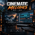 Promotional graphic for a cinematic melodies sample pack, showing a boxed product cover with a mountain landscape, a computer screen with audio waveform and MIDI tracks, speakers, headphones, and a keyboard on a desk. Large text reads 'CINEMATIC MELODIES WAV + MIDI' with smaller 'PREMIUM SAMPLE PACK' and genre labels Trap, Hip Hop, and EDM.