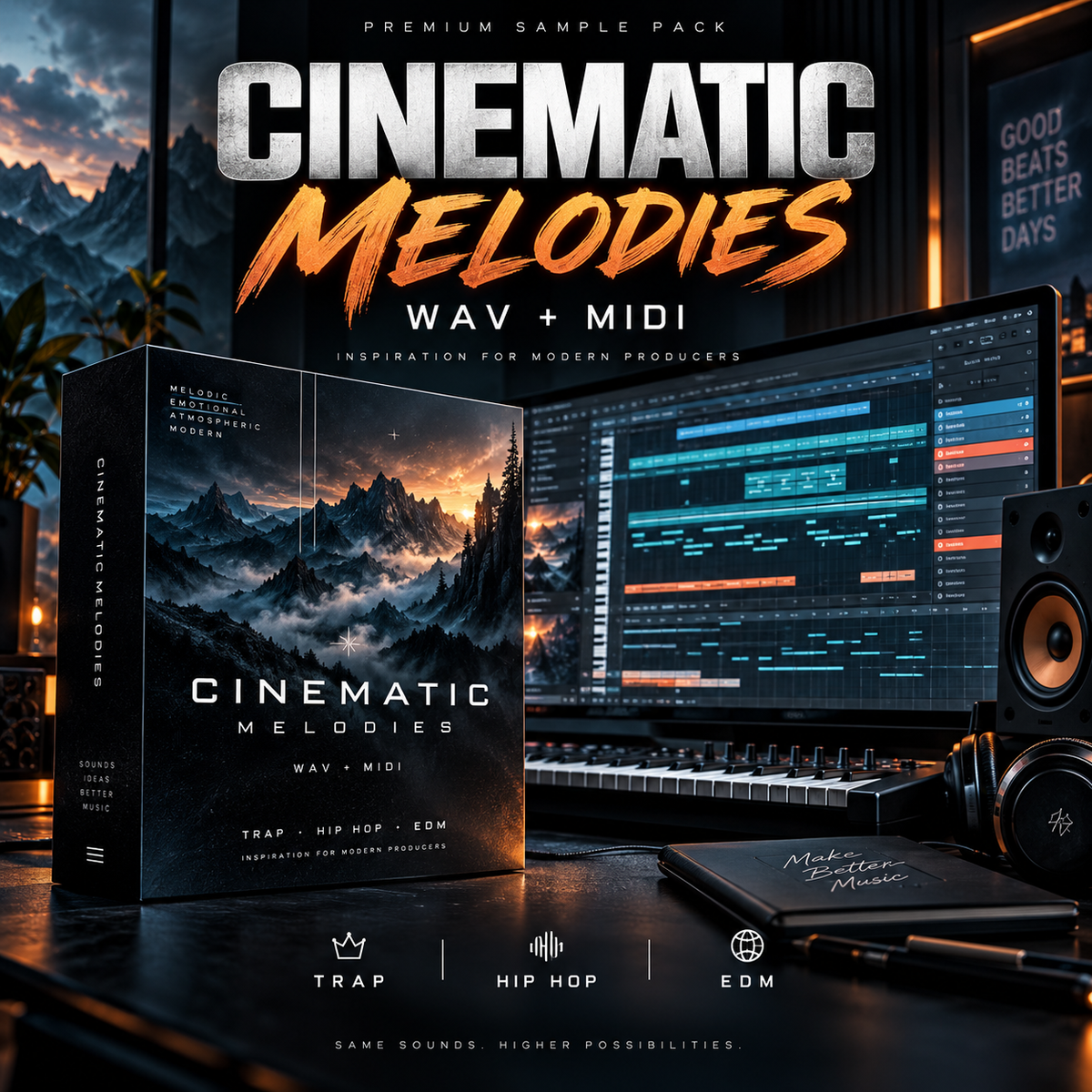 Promotional graphic for a cinematic melodies sample pack, showing a boxed product cover with a mountain landscape, a computer screen with audio waveform and MIDI tracks, speakers, headphones, and a keyboard on a desk. Large text reads 'CINEMATIC MELODIES WAV + MIDI' with smaller 'PREMIUM SAMPLE PACK' and genre labels Trap, Hip Hop, and EDM.