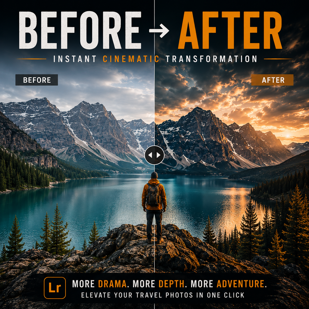 Before-and-after promotional graphic showing a mountain lake landscape with a hiker standing on a rock. Large text reads BEFORE and AFTER, with smaller text 'Instant Cinematic Transformation.