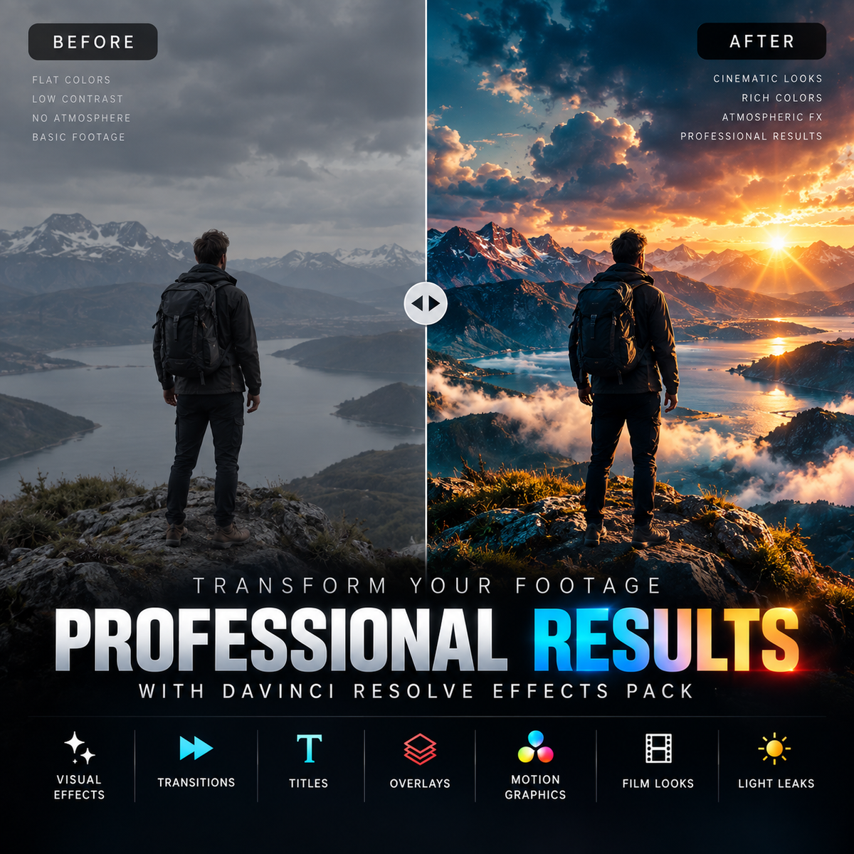Before-and-after promotional graphic for a Davinci Resolve effects pack, showing a mountain landscape with a hiker from behind in both states. The left side is labeled 'BEFORE' with muted, flat colors, and the right side is labeled 'AFTER' with rich, cinematic colors and a bright sunset.