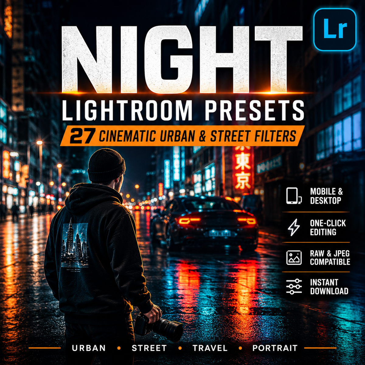 Promotional cover for 'Night Lightroom Presets' showing a city street at night with a person in a dark hoodie standing in the rain, large white title text, and feature icons for mobile/desktop, one-click editing, RAW & JPEG compatibility, and instant download.