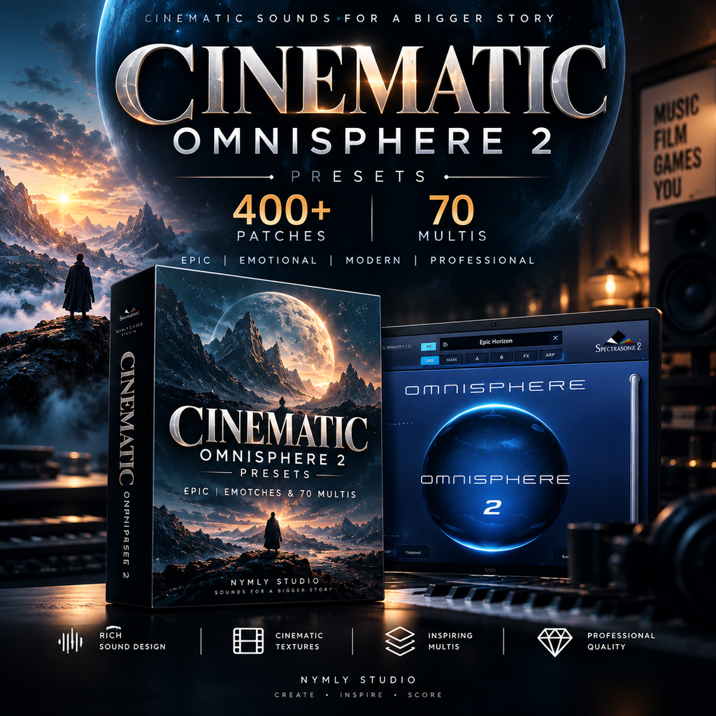Promotional graphic for Cinematic Omnisphere 2 presets, showing a large title banner, a boxed product cover, and a software interface mockup on a dark sci-fi themed background. Visible text includes 'CINEMATIC OMNISPHERE 2 PRESETS', '400+ PATCHES', '70 MULTIS', and 'NYMLY STUDIO'.