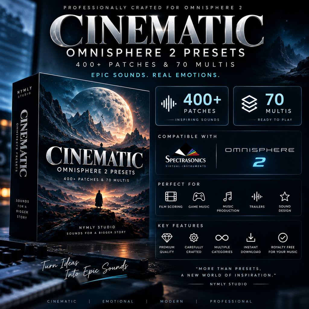 Promotional graphic for 'Cinematic Omnisphere 2 Presets' by Whmly Studio, showing a boxed preset pack cover with a dramatic mountain-and-moon scene, feature icons for 400+ patches and 70 multis, compatibility with Omnisphere 2 and Spectracsons, and multiple usage categories on a dark blue background.