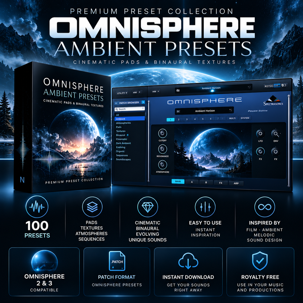 Omnisphere ambient presets featuring 100 cinematic sounds, atmospheric textures, and Omnisphere 2 and 3 compatibility.