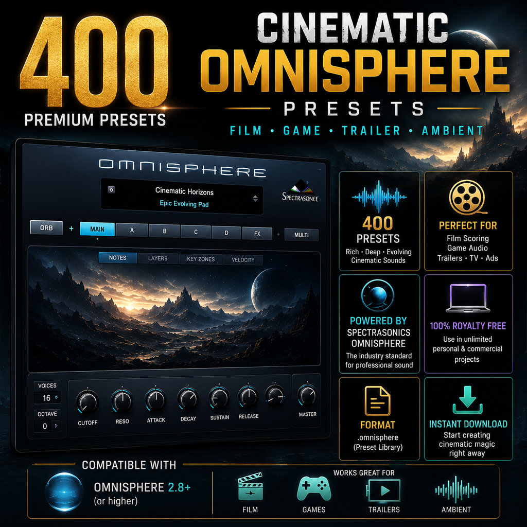 Promotional graphic for Omnisphere presets, showing a dark software interface with a cinematic landscape scene, large gold text reading '400 CINEMATIC OMNISPHORE PRESETS,' and feature icons for film scoring, game audio, trailers, and ambient sound. The image is a digital product preview rather than a physical product photo.