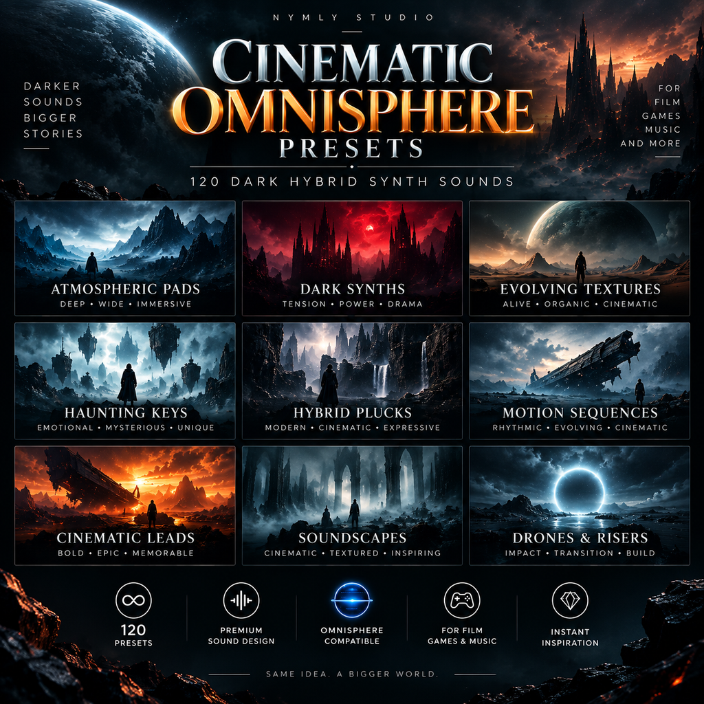 Promotional graphic for 'Cinematic Omnisphere Presets' by Nymly Studio, showing a grid of dark sci-fi and fantasy sound design presets with dramatic sci-fi imagery in the background and feature icons at the bottom.