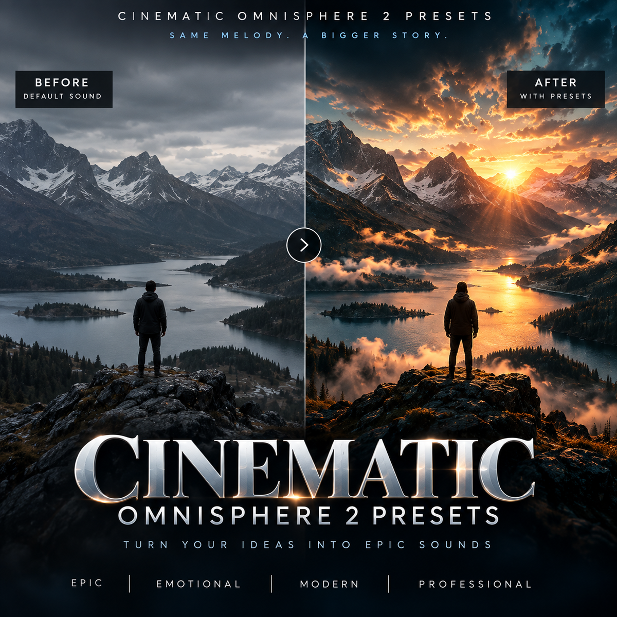 Promotional graphic for Cinematic Omnisphere 2 Presets, showing a split-screen before/after landscape photo of a person standing in a mountain lake at sunset. Text reads 'Before Default Sound' and 'After With Presets,' with the product title large at the bottom.