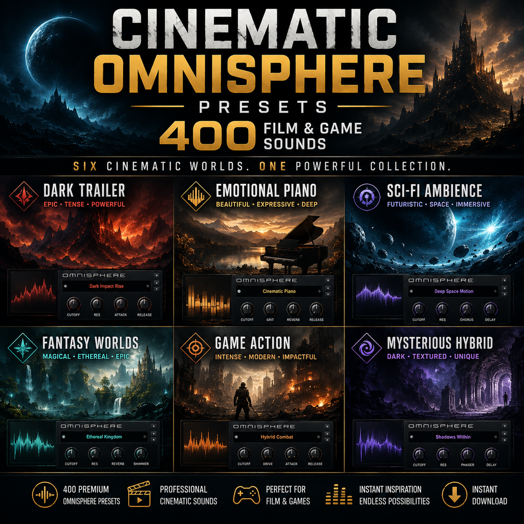 Promotional graphic for Cinematic Omnisphere Presets, showing a dark fantasy landscape background and six preset panels labeled Dark Trailer, Emotional Piano, Sci-Fi Ambience, Fantasy Worlds, Game Action, and Mysterious Hybrid. Text reads 'Presets 400 Film & Game Sounds' and includes feature icons at the bottom.