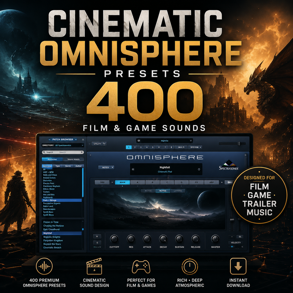 Promotional graphic for 'Cinematic Omnisphere Presets - 400 Film & Game Sounds' showing a software interface mockup over a dark fantasy scene with a dragon, castle, and cinematic glow. Text highlights film, game, trailer, and music use, with icons for 400 premium presets, cinematic sound design, game and film support, rich deep atmosphere, and instant download.