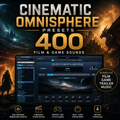 Promotional graphic for 'Cinematic Omnisphere Presets - 400 Film & Game Sounds' showing a software interface mockup over a dark fantasy scene with a dragon, castle, and cinematic glow. Text highlights film, game, trailer, and music use, with icons for 400 premium presets, cinematic sound design, game and film support, rich deep atmosphere, and instant download.