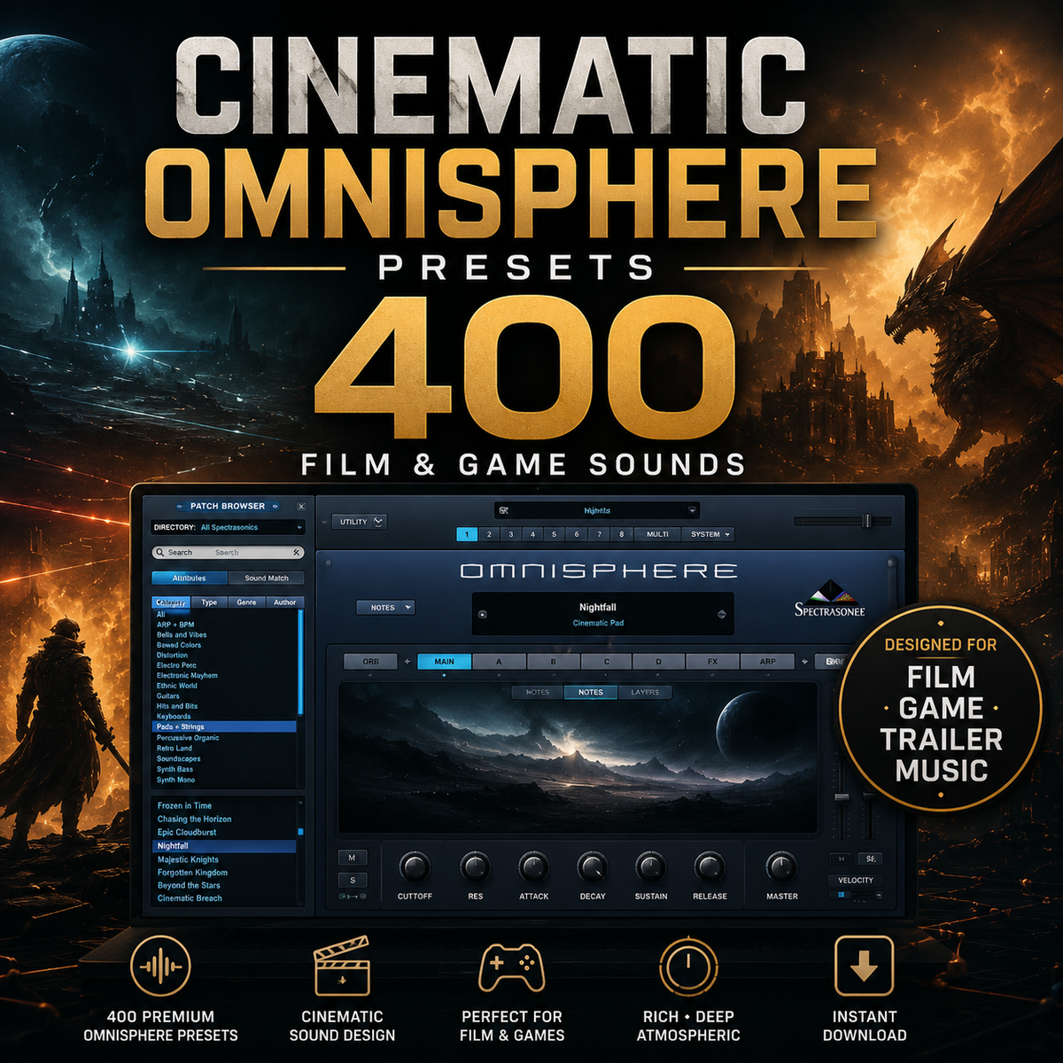 Promotional graphic for 'Cinematic Omnisphere Presets - 400 Film & Game Sounds' showing a software interface mockup over a dark fantasy scene with a dragon, castle, and cinematic glow. Text highlights film, game, trailer, and music use, with icons for 400 premium presets, cinematic sound design, game and film support, rich deep atmosphere, and instant download.