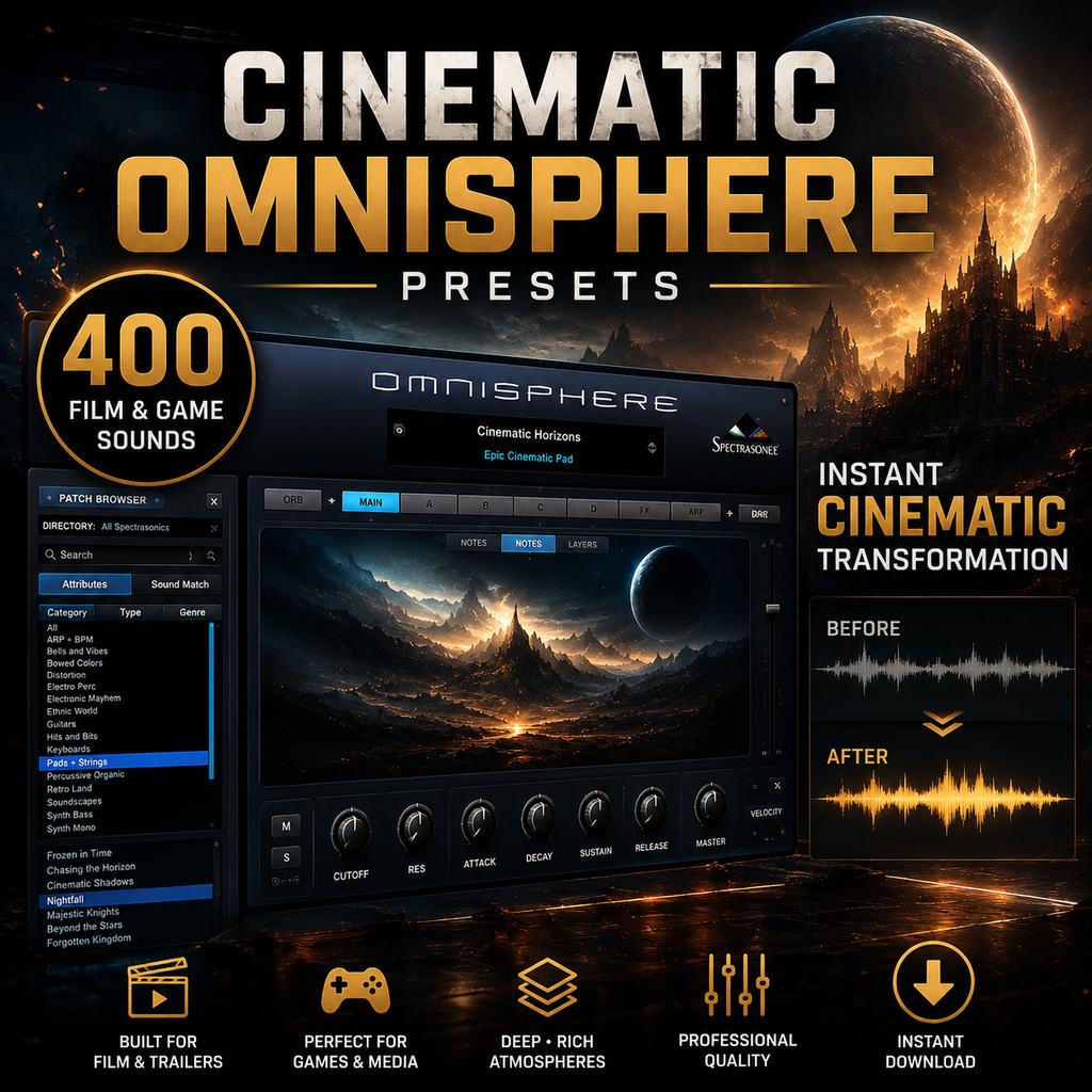 Promotional graphic for Cinematic Omnisphere presets, showing a software interface with cinematic landscape imagery, large title text, feature callouts including 400 film & game sounds, before/after audio wave comparison, and icons for film & trailers, games, atmospheres, quality, and instant download.