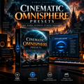 Promotional graphic for 'Cinematic Omnisphere Presets' by Nymly Studio, showing a boxed audio preset product, a computer monitor displaying the Omnisphere software interface, and a keyboard in a dark, cinematic studio setup with a large planet and castle in the background.