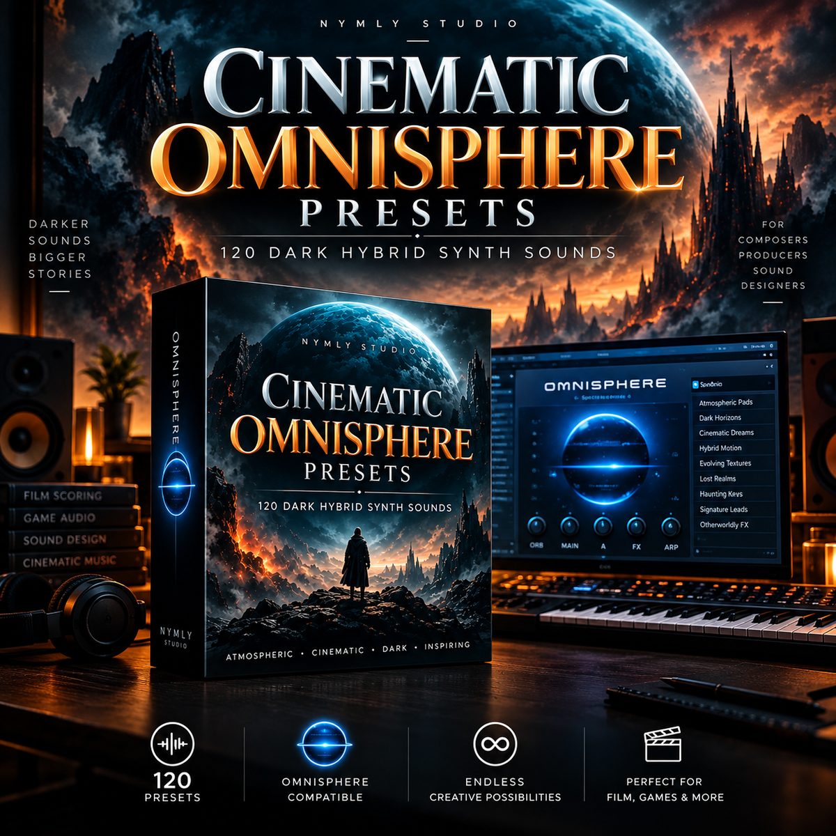 Promotional graphic for 'Cinematic Omnisphere Presets' by Nymly Studio, showing a boxed audio preset product, a computer monitor displaying the Omnisphere software interface, and a keyboard in a dark, cinematic studio setup with a large planet and castle in the background.