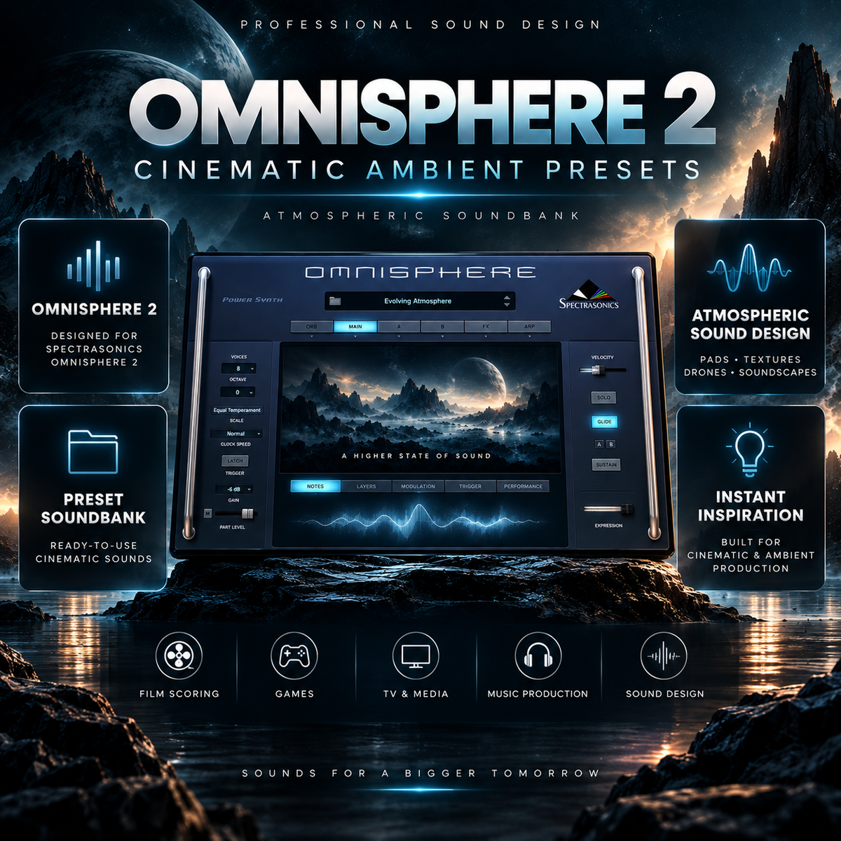 Promotional graphic for Omnisphere 2 cinematic ambient presets, showing a software interface over a dark sci-fi landscape with water, rocks, and glowing atmospheric effects. Text highlights features such as atmospheric sound design, preset bank, and instant inspiration.