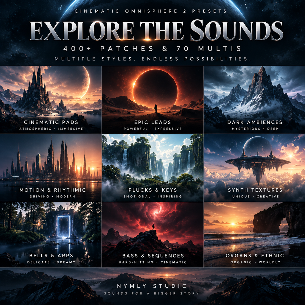 Promotional graphic for a sound library pack titled 'Explore the Sounds' by Nymly Studio, featuring a 3x3 grid of cinematic sci-fi and fantasy landscape panels with text labels such as Cinematic Pads, Epic Leads, Dark Ambiences, Motion & Rhythmic, Plucks & Keys, Synth Textures, Bells & Arps, Bass & Sequences, and Organs & Ethnic.