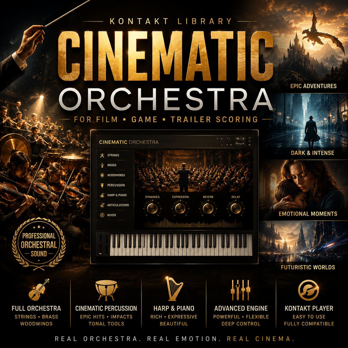 Promotional graphic for Kontakt Library's Cinematic Orchestra virtual instrument, featuring a central software interface window over a dark, dramatic orchestra scene with golden title text and feature callouts around it.