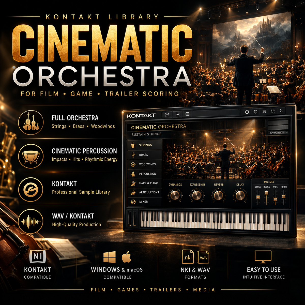 Promotional graphic for Kontakt Library's Cinematic Orchestra sample library, showing a virtual orchestra scene on a stage and a software interface panel with knobs, strings, percussion, and piano keys. Text highlights compatibility with film, game, and trailer scoring, plus Windows and macOS support and NKI & WAV formats.