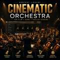 Promotional cover art for Kontakt Library's 'Cinematic Orchestra' virtual instrument, featuring a large orchestral stage scene with a conductor and musicians under dramatic spotlights, with the product title in bold gold and white text at the top and feature icons at the bottom.