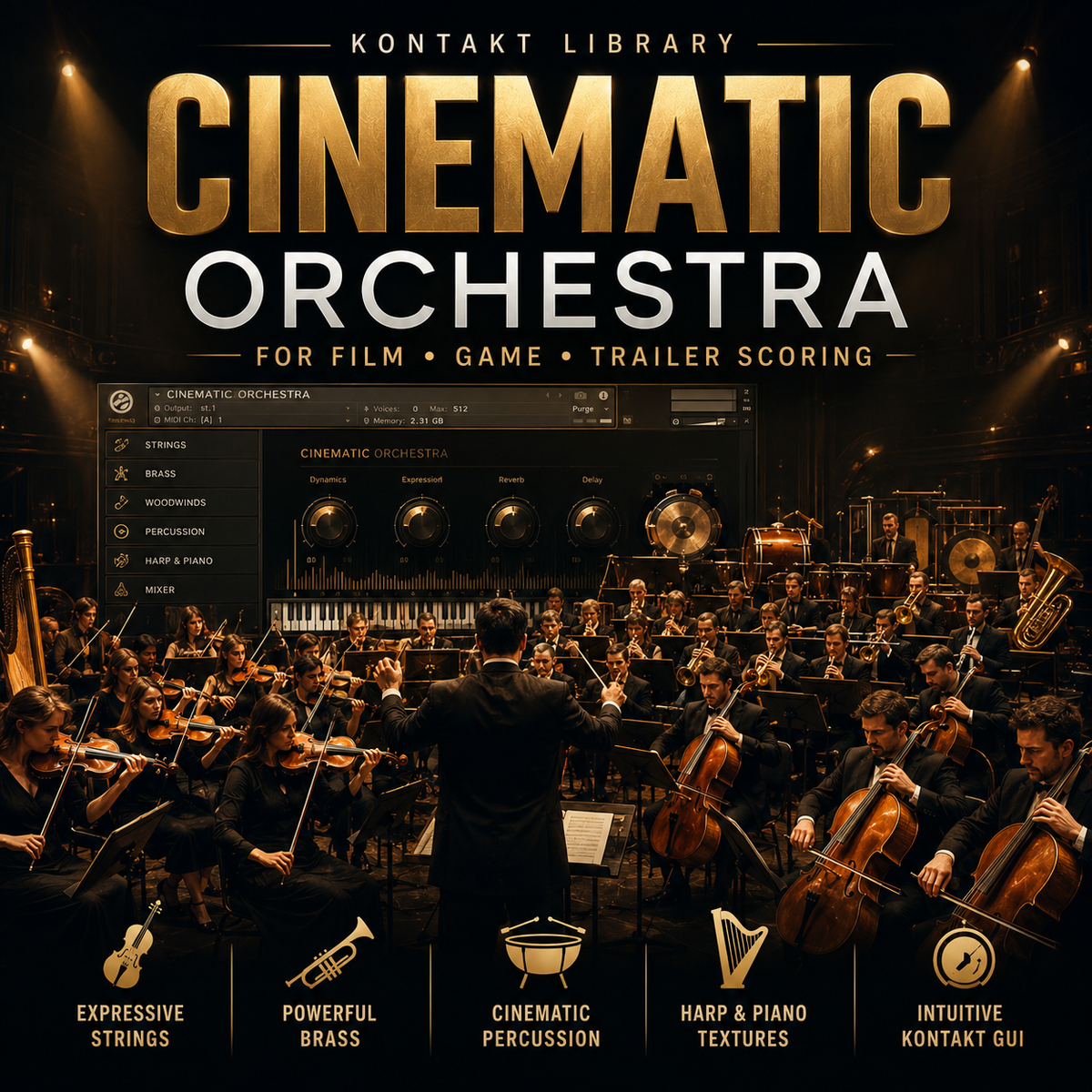 Promotional cover art for Kontakt Library's 'Cinematic Orchestra' virtual instrument, featuring a large orchestral stage scene with a conductor and musicians under dramatic spotlights, with the product title in bold gold and white text at the top and feature icons at the bottom.
