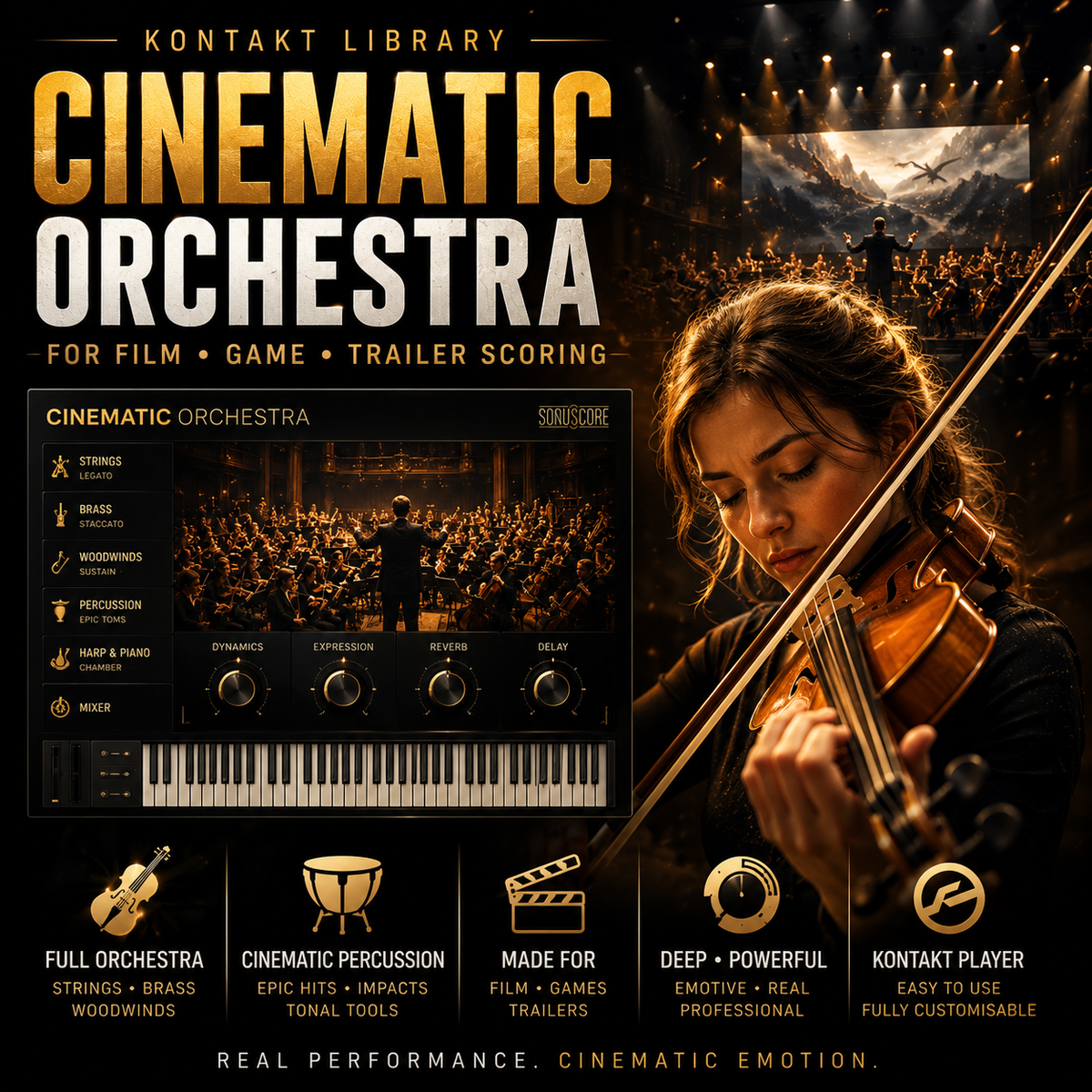 Promotional graphic for Kontakt Library's Cinematic Orchestra sample library, featuring a violinist on stage, an orchestra scene, and a piano controller interface with knobs and keys. Text highlights support for film, game, and trailer scoring, with feature callouts along the bottom.