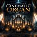 Promotional cover art for 'Omnisphere 3 Cinematic Organ - 74 Presets', featuring a majestic golden organ pipe organ inside a cathedral with dramatic light beams and smoke.
