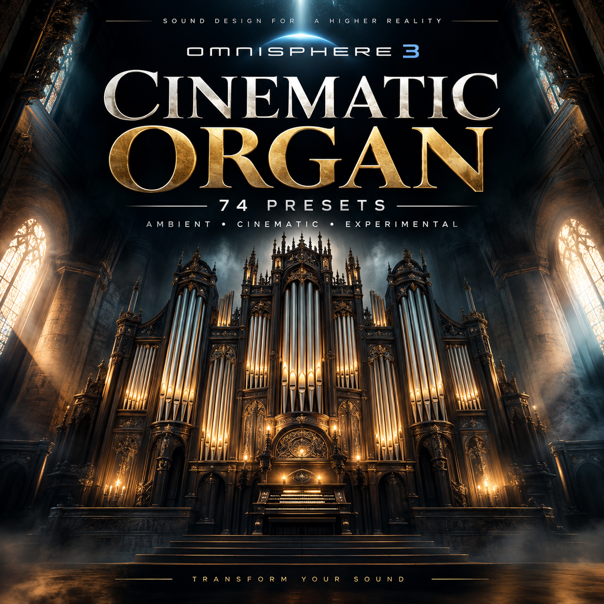 Promotional cover art for 'Omnisphere 3 Cinematic Organ - 74 Presets', featuring a majestic golden organ pipe organ inside a cathedral with dramatic light beams and smoke.