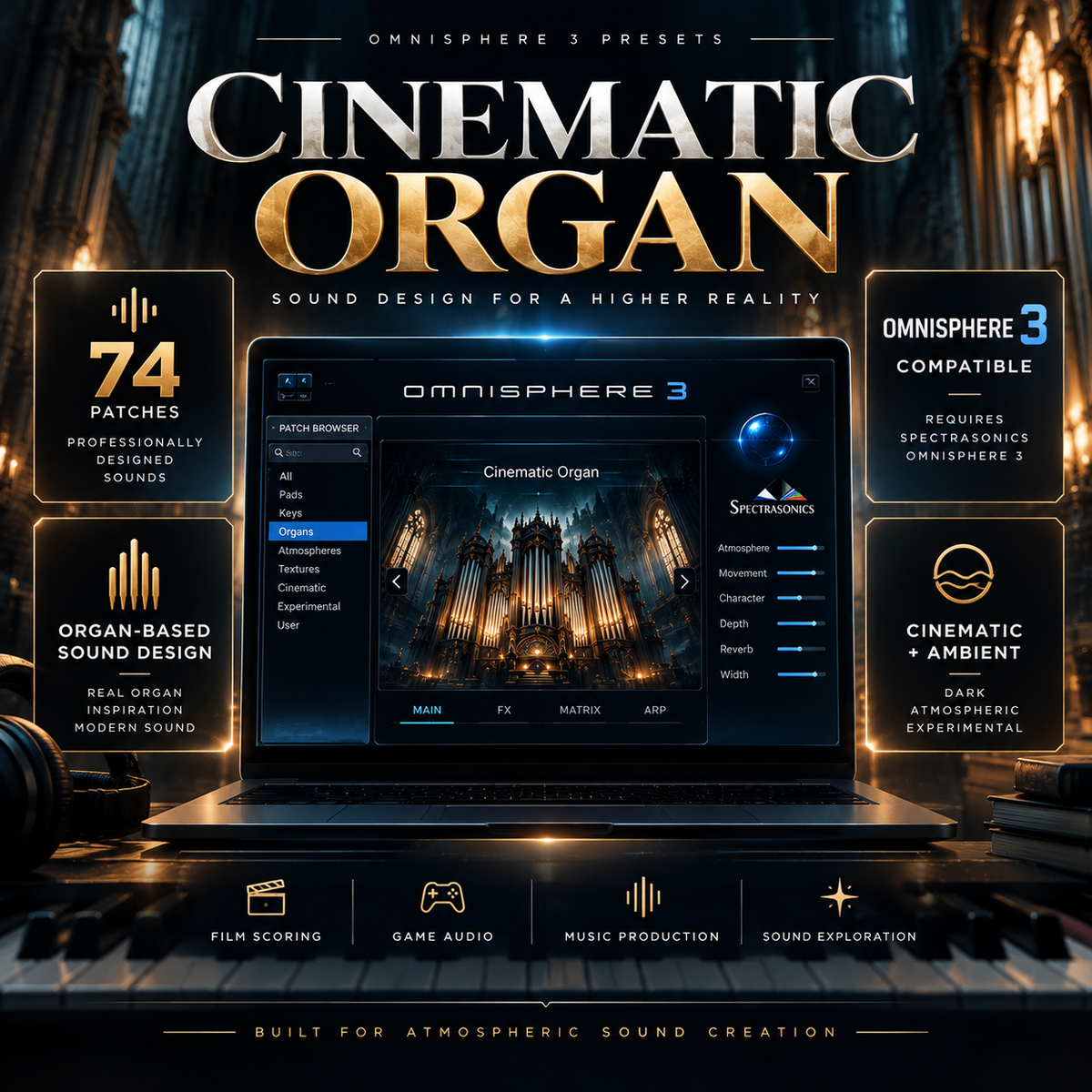 Promotional graphic for the Omnisphere 3 Cinematic Organ sound design preset pack, showing a laptop with the Omnisphere 3 software interface displaying a cathedral organ scene. The image includes feature callouts such as 74 patches, organ-based sound design, cinematic and ambient sound, and compatibility with Spectracoms 3, set against a dark atmospheric background.