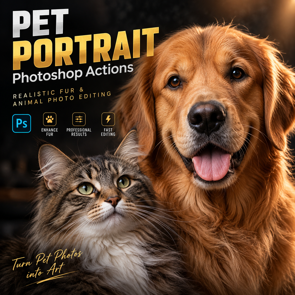 Promotional graphic for Photoshop actions designed for pet portrait editing, featuring a golden retriever and a tabby cat against a dark background with text reading 'PET PORTRAIT Photoshop Actions' and feature icons.