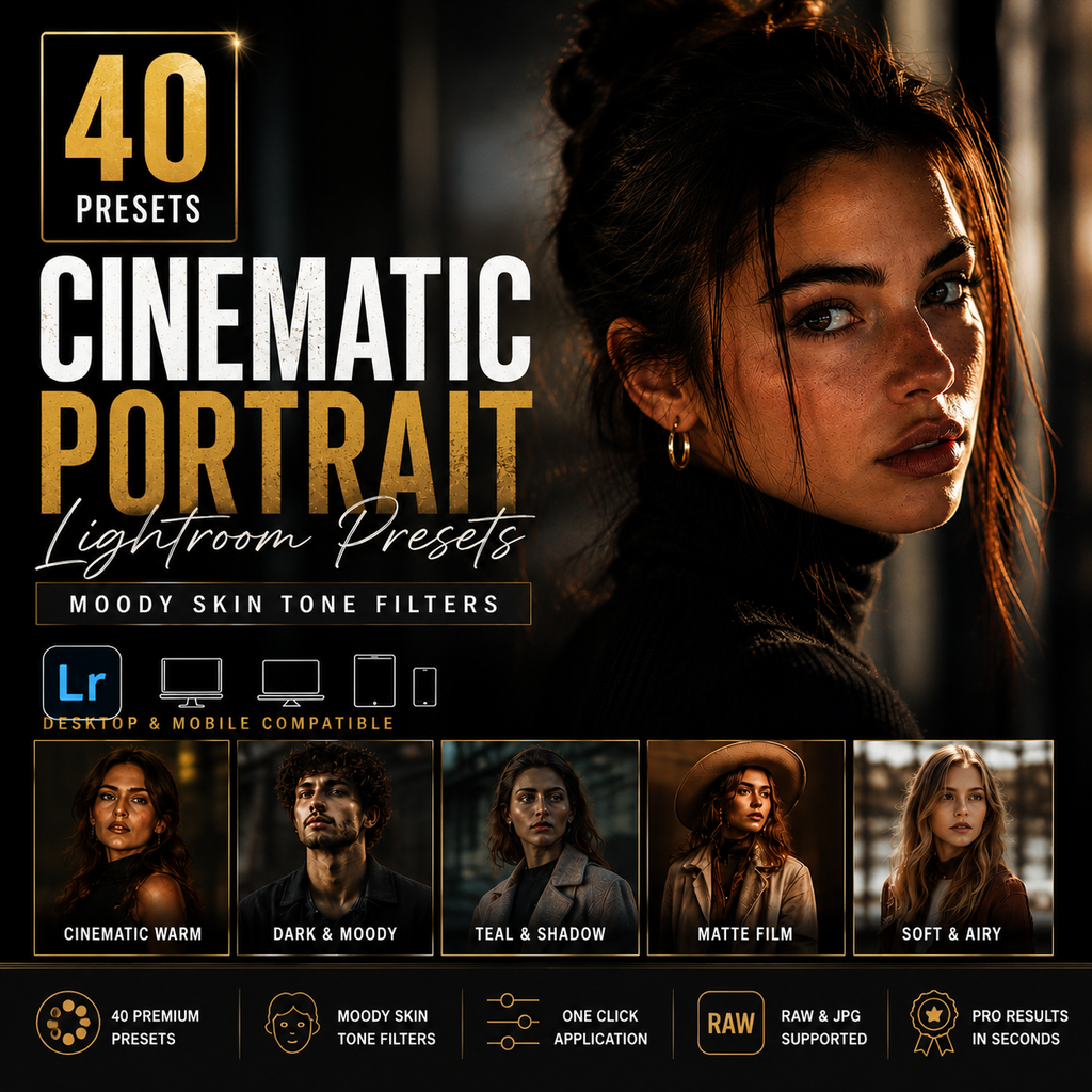 Promotional graphic for a set of 40 cinematic portrait Lightroom presets, featuring a woman's face in dramatic warm lighting, large text reading '40 Presets Cinematic Portrait Lightroom Presets,' compatibility icons for desktop and mobile, and five smaller portrait examples showing different color grading styles.