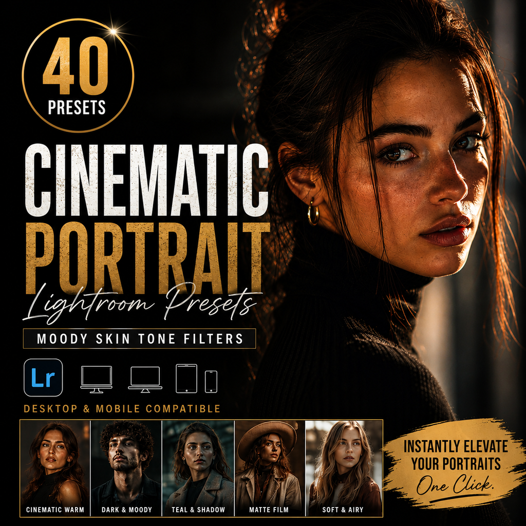 Promotional graphic for cinematic portrait Lightroom presets, featuring a woman's face in dramatic warm lighting, large text reading '40 Presets' and 'Cinematic Portrait Lightroom Presets,' device compatibility icons, and small example portrait thumbnails at the bottom.
