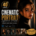 Promotional graphic for cinematic portrait Lightroom presets, featuring a woman's face in dramatic warm lighting, large text reading '40 Presets' and 'Cinematic Portrait Lightroom Presets,' device compatibility icons, and small example portrait thumbnails at the bottom.