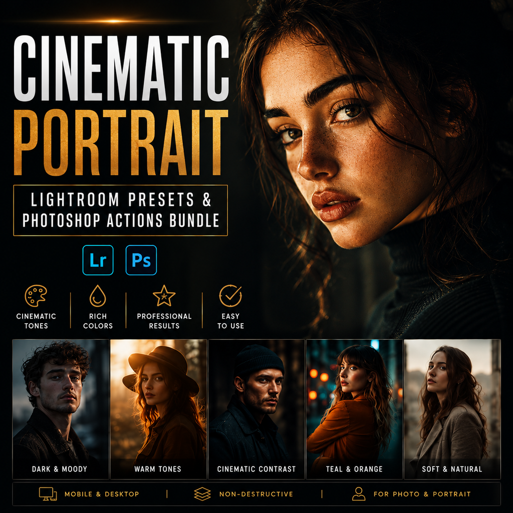 Promotional graphic for a cinematic portrait preset and action bundle for Lightroom and Photoshop, featuring a large close-up portrait of a woman with dramatic warm lighting, plus smaller example portraits and text highlighting key features.
