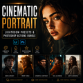 Promotional graphic for a cinematic portrait preset and action bundle for Lightroom and Photoshop, featuring a large close-up portrait of a woman with dramatic warm lighting, plus smaller example portraits and text highlighting key features.