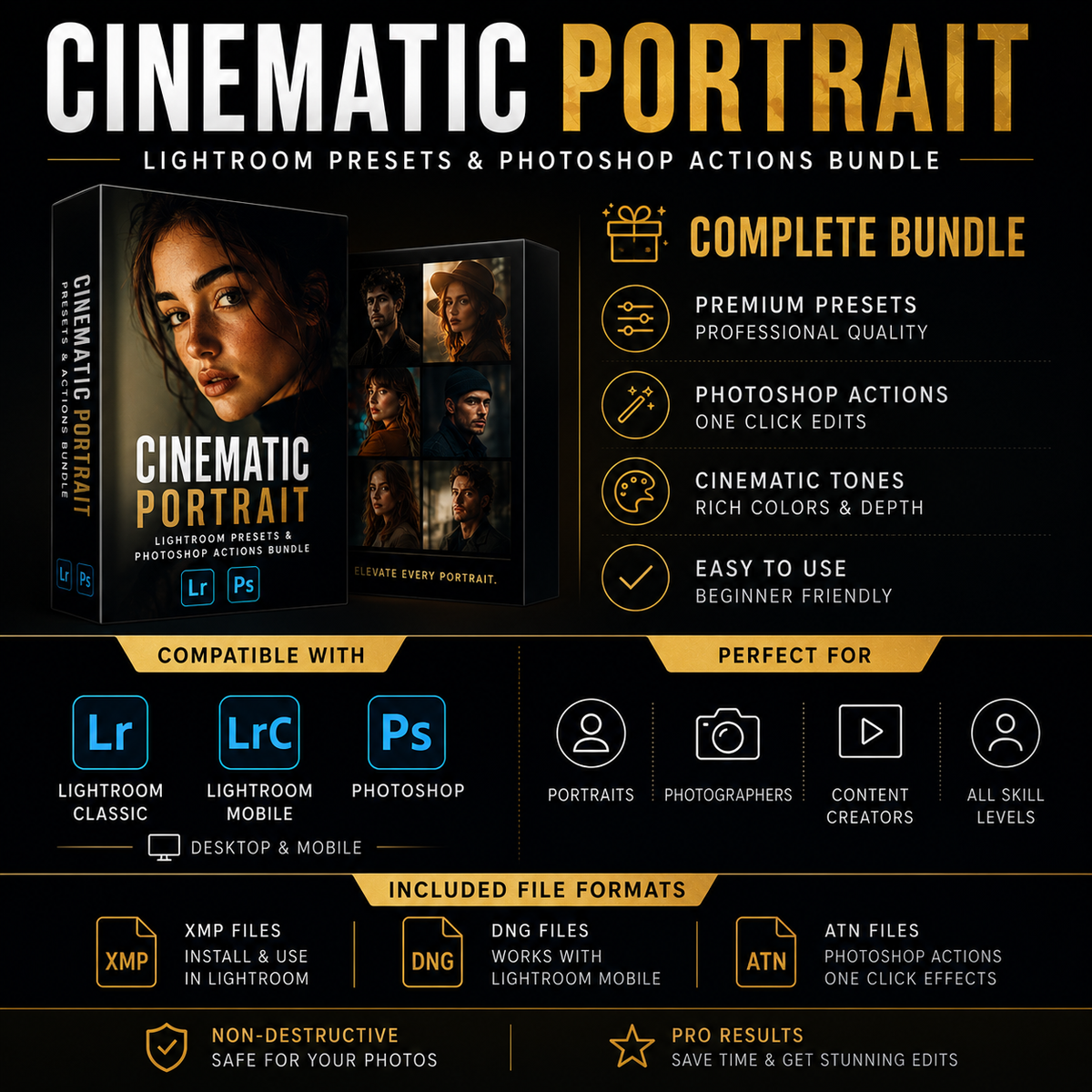 Promotional graphic for a 'Cinematic Portrait' Lightroom presets and Photoshop actions bundle, featuring a software compatibility grid, file format icons, and a product box mockup on a dark background.