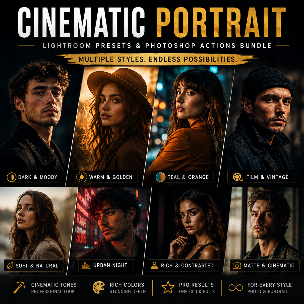 Promotional graphic for a cinematic portrait preset and action bundle, showing eight portrait-style example images with labels such as Dark & Moody, Warm & Golden, Teal & Orange, Film & Vintage, Soft & Natural, Urban Night, Rich & Contrasted, and Matte & Cinematic. Large text at the top reads 'CINEMATIC PORTRAIT' and smaller text says 'Lightroom Presets & Photoshop Actions Bundle.