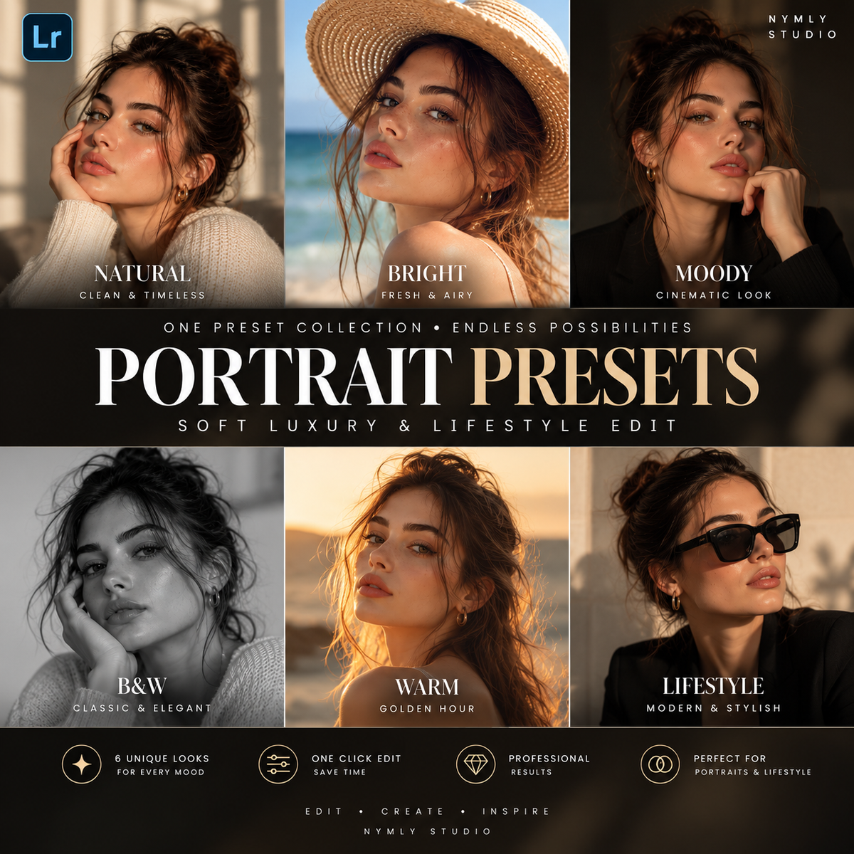 Promotional graphic for a preset collection titled 'Portrait Presets' with six lifestyle portrait examples labeled Natural, Bright, Moody, B&W, Warm, and Lifestyle. The center text reads 'One Preset Collection • Endless Possibilities' and 'Portrait Presets Soft Luxury & Lifestyle Edit.