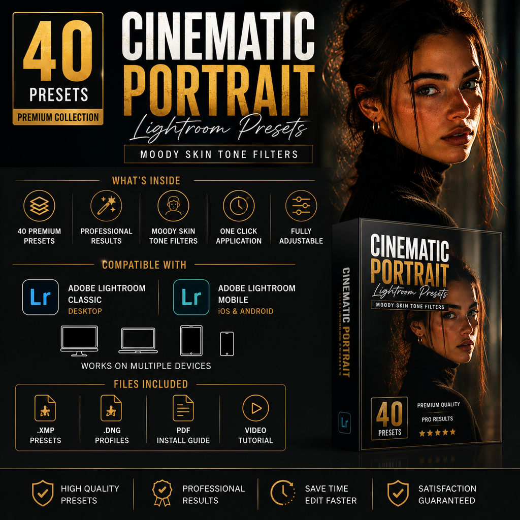 Promotional graphic for a digital preset pack titled 'Cinematic Portrait Lightroom Presets' with a dark moody design, showing two portrait photos, text about 40 premium presets, compatibility with Adobe Lightroom Desktop and Mobile, included files, and feature icons.