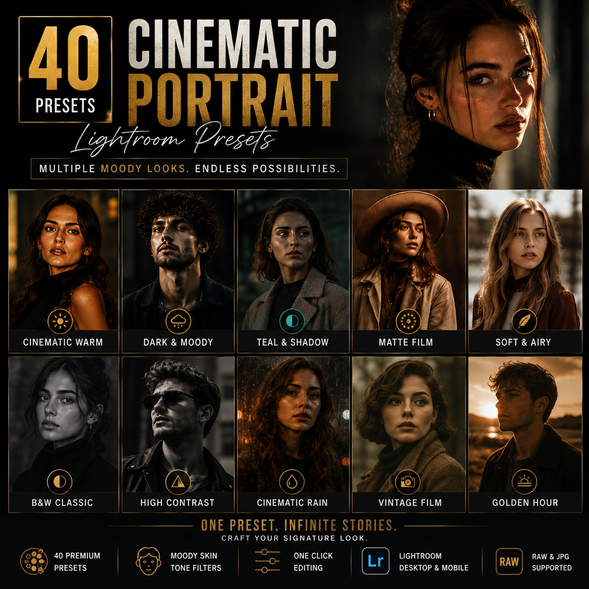 Promotional graphic for a set of 40 Lightroom preset filters themed around cinematic portraits. The design features a dark, moody aesthetic with a grid of ten portrait previews showcasing different color grading styles (Cinematic Warm, Dark & Moody, Teal & Shadow, Matte Film, Soft & Airy, B&W Classic, High Contrast, Cinematic Rain, Vintage Film, Golden Hour).
