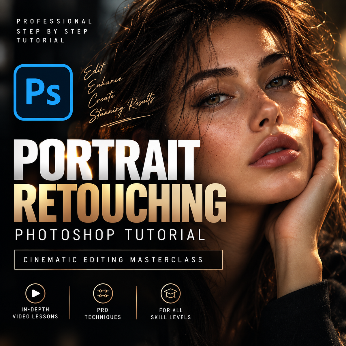 Promotional cover graphic for a Photoshop portrait retouching tutorial, featuring a close-up portrait of a woman with dramatic warm lighting, large text reading 'PORTRAIT RETOUCHING PHOTOSHOP TUTORIAL,' the Photoshop 'Ps' logo, and feature icons at the bottom.