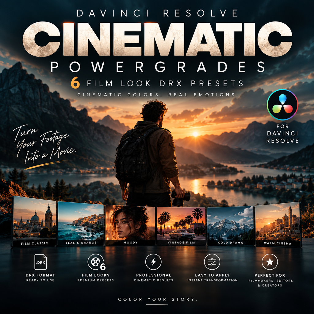 Promotional graphic for Cinematic Powergrades Presets for Davinci Resolve, featuring a scenic mountain lake sunset with a person seen from behind, large title text, feature callouts, and small preview thumbnails of different film looks along the bottom.