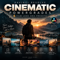 Promotional graphic for Cinematic Powergrades Presets for Davinci Resolve, featuring a scenic mountain lake sunset with a person seen from behind, large title text, feature callouts, and small preview thumbnails of different film looks along the bottom.
