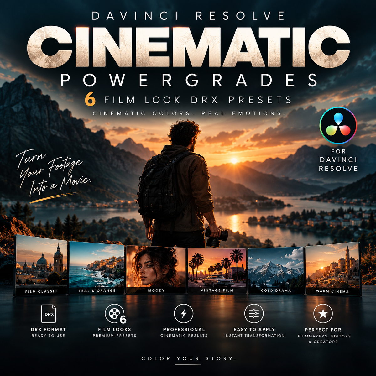 Promotional graphic for Cinematic Powergrades Presets for Davinci Resolve, featuring a scenic mountain lake sunset with a person seen from behind, large title text, feature callouts, and small preview thumbnails of different film looks along the bottom.
