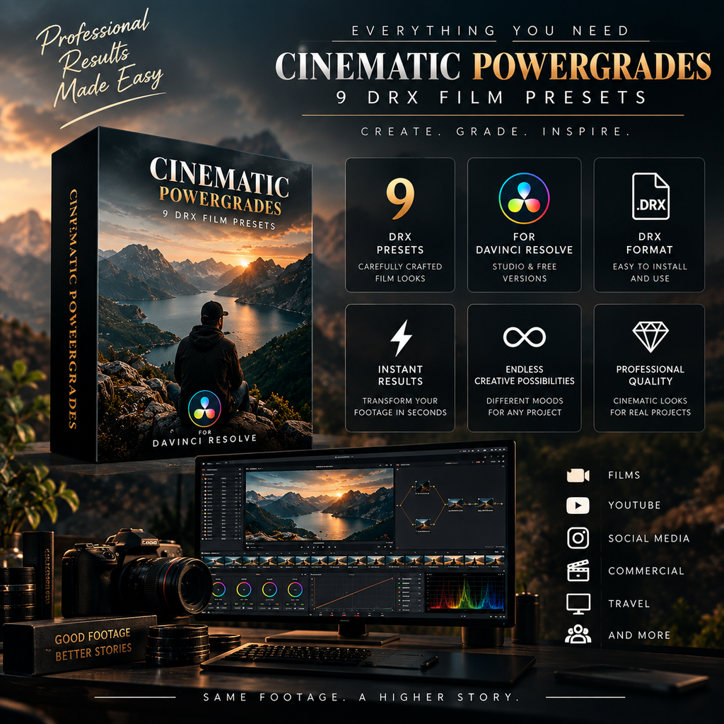 Promotional graphic for Cinematic Powergrades 9 DRX Film Presets, showing a software box cover, feature icons, a laptop with editing interface, camera, and social media icons on a dark desk background.