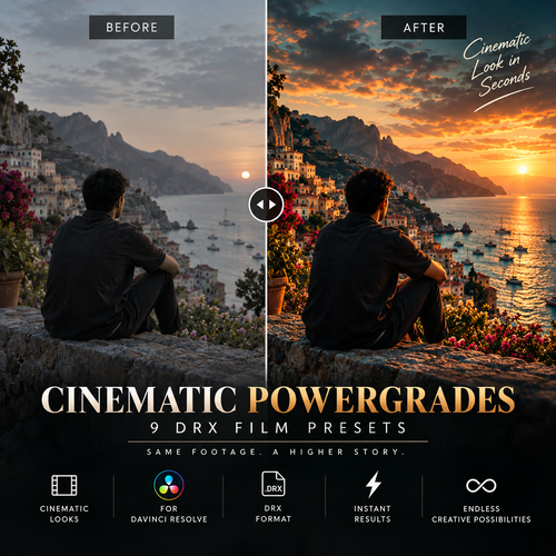 Promotional graphic for cinematic powergrades DRX film presets, showing a before-and-after sunset seascape photo with a seated person in the foreground. The left side is labeled BEFORE and has a muted, moody edit; the right side is labeled AFTER and is much more saturated and dramatic.