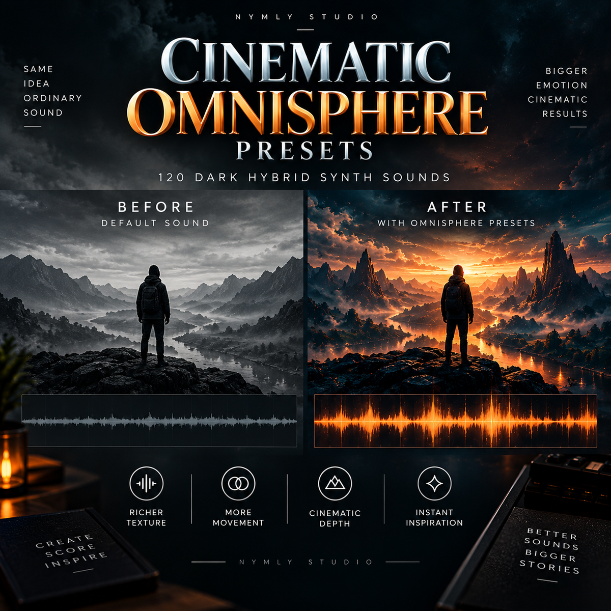 Promotional graphic for 'Cinematic Omnisphere Presets' by Nymly Studio, showing a before-and-after comparison of a dark sci-fi landscape with a lone figure. The left side shows a grayscale, default sound, while the right side shows the same scene enhanced with rich orange and gold sound design.