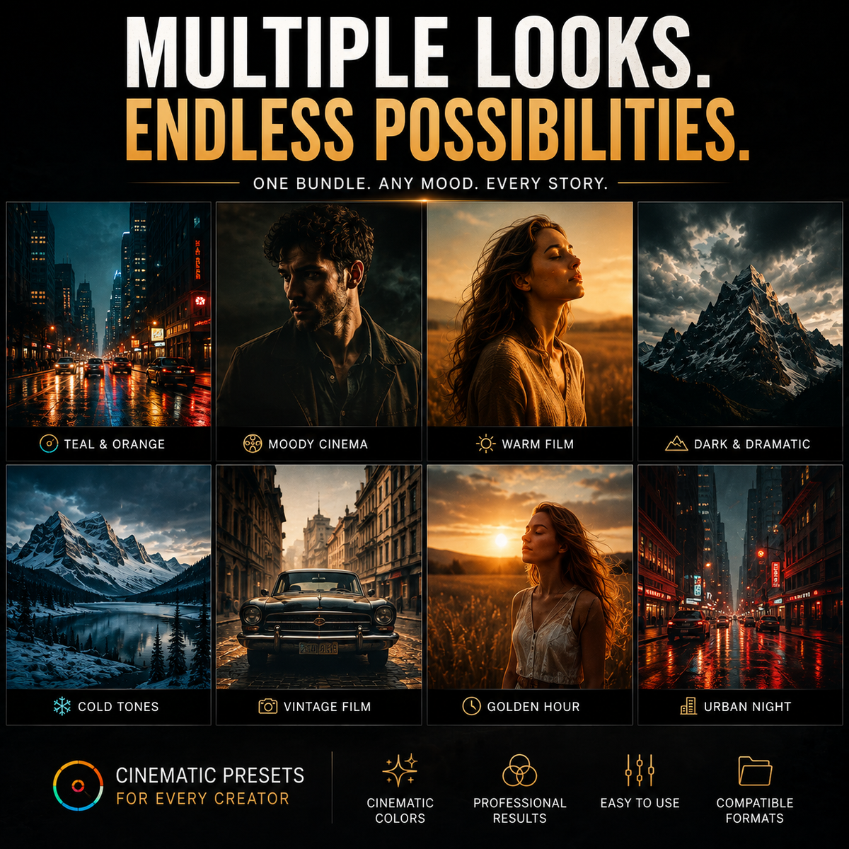 Promotional graphic for a cinematic presets bundle, featuring eight example portrait and cityscape images in different color grading styles: teal and orange, moody cinema, warm film, dark & dramatic, cold tones, vintage film, golden hour, and urban night. Large text at the top reads 'MULTIPLE LOOKS.